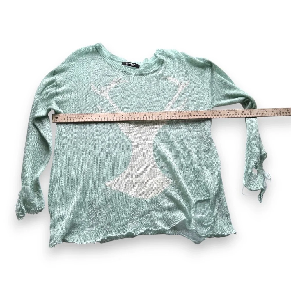 ROMWE mint distressed deer sweater sheer knit long sleeve